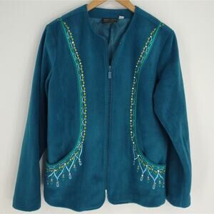 Bob Mackie Blue/Teal Fleece Zip Up Jacket Art Pockets Unique Size Medium